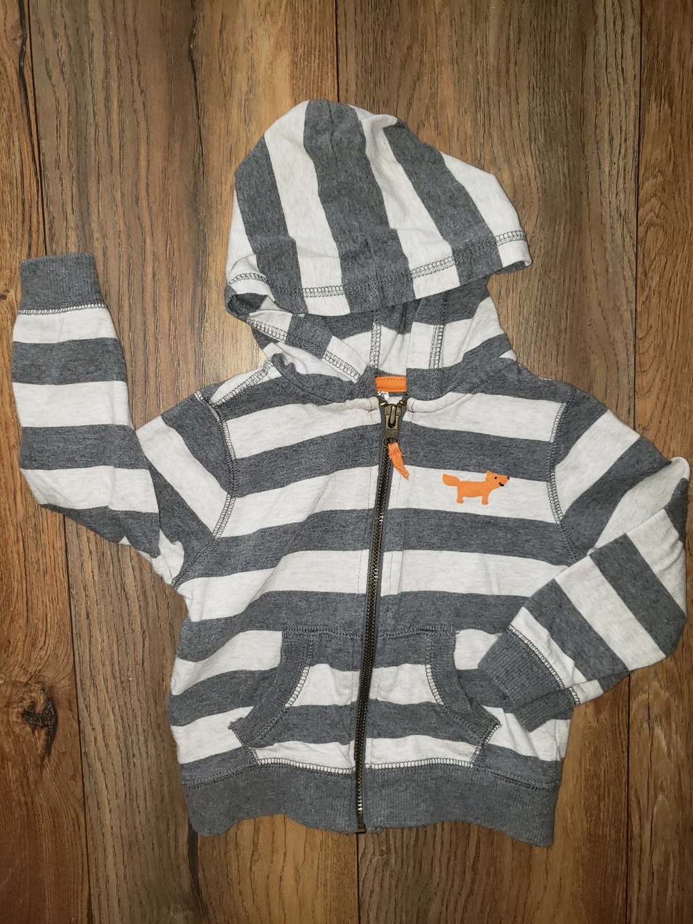 Carter's Gray & White Striped Hooded Zip Sweatshirt with Orange Fox